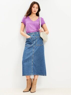 LOFT Soft Denim Patch Pocket Midi Skirt in Classic Mid Wash Women's Size 8